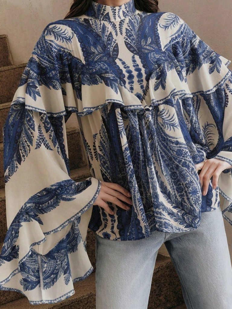 Floral Elegant Flowy Women's Long Sleeve Ruffled Collar Blouse